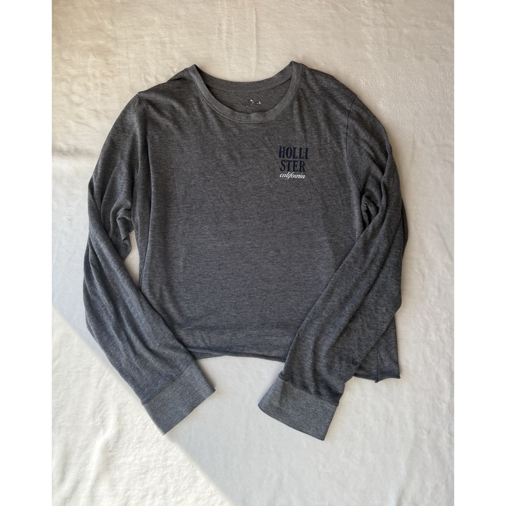 Hollister Gray Cropped Long Sleeve Crew Neck Logo Cotton Blend Top Preppy Teen